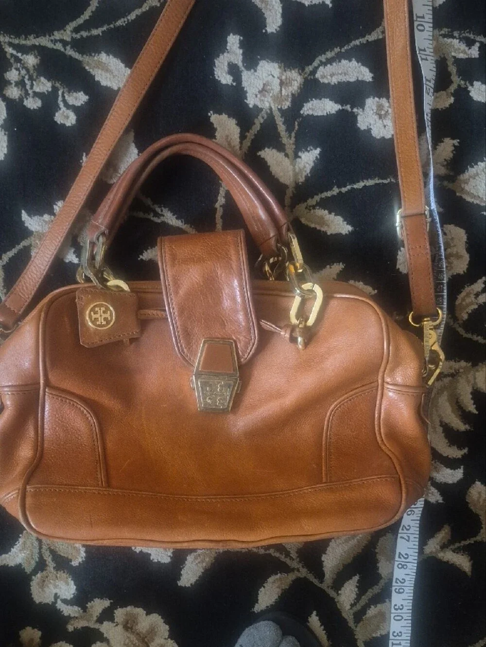 Tory Burch Cognac Brown Leather Crossbody Satchel with Gold Hardware